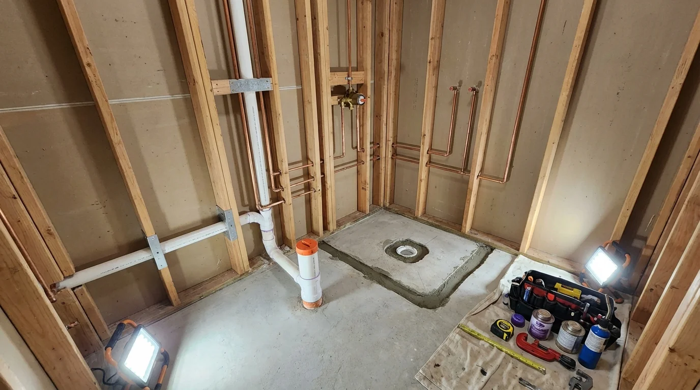 Bathroom rough-in plumbing during remodel by Johns Plumbing LLC in Martinsville