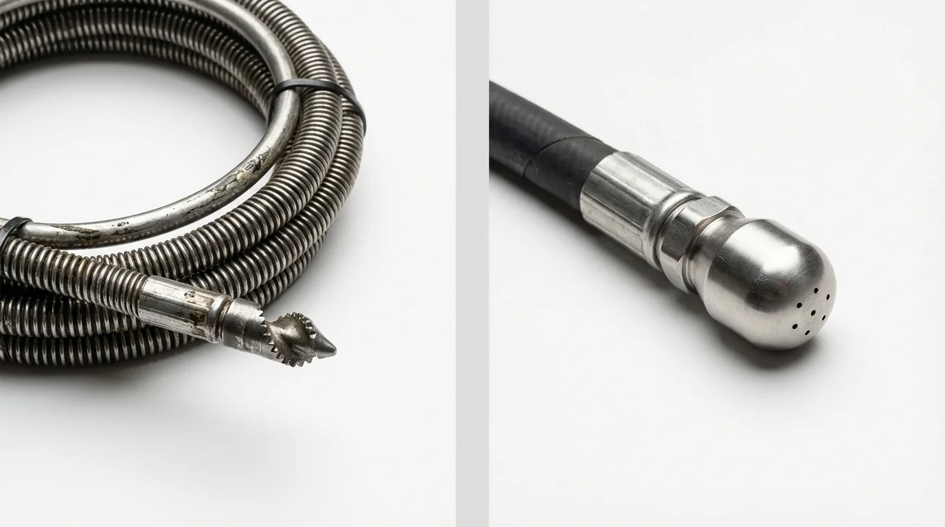 Drain snake cable and hydro jetting nozzle used for drain cleaning in Martinsville, IN