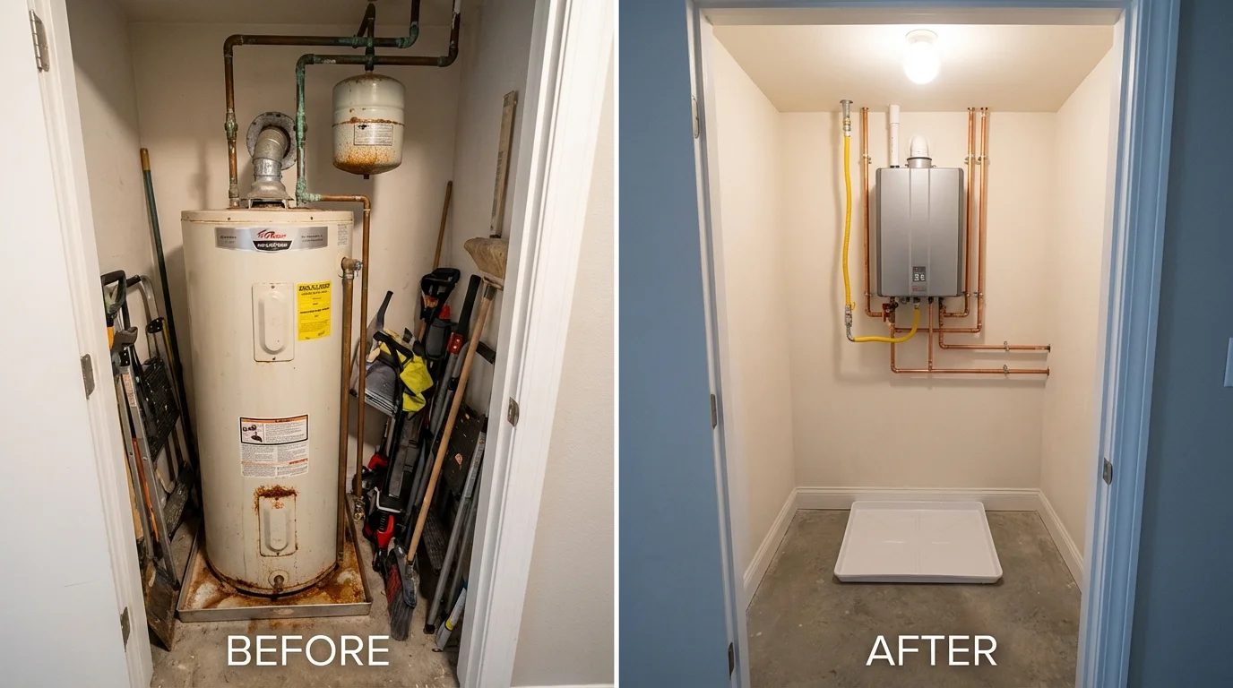 Tank water heater versus wall-mounted tankless unit comparison for Martinsville, IN homeowners