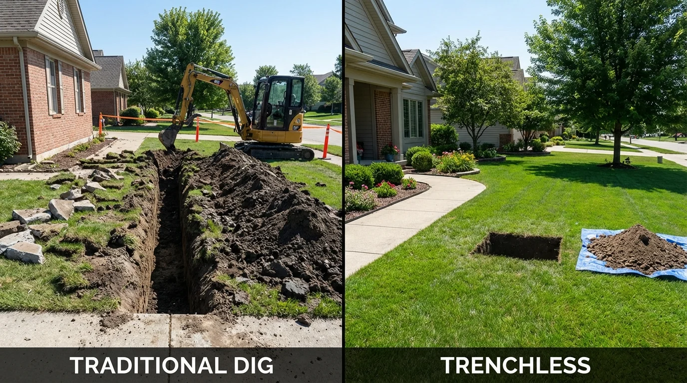 Trenchless sewer repair with minimal yard damage versus traditional excavation in Martinsville, IN