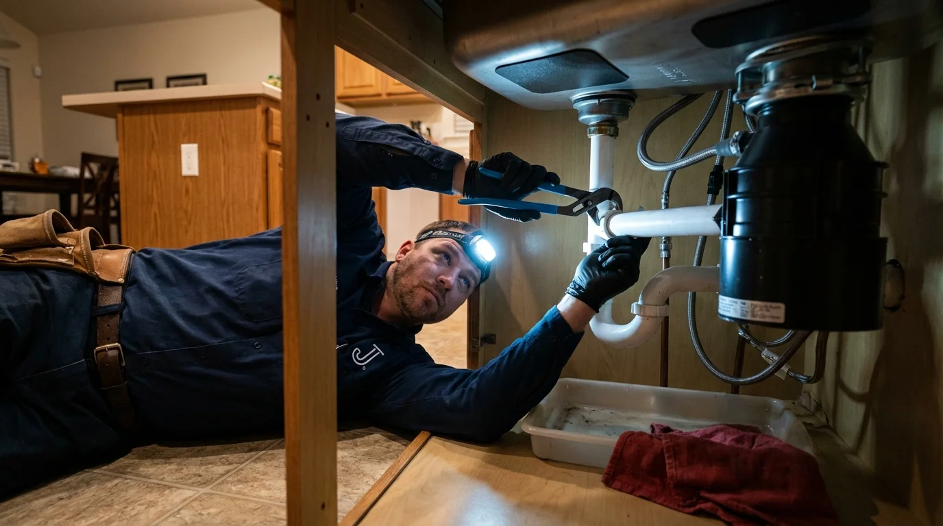 P-trap and supply line connections under a kitchen sink showing a common leak point in Martinsville, IN